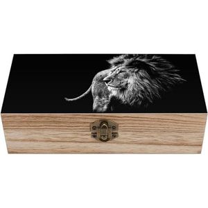 Leeuw in zwart-witte houten kist met deksel opbergdozen organiseren juwelendoos decoratieve dozen voor vrouwen mannen