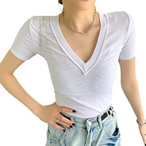 Zomer Vrouwen Sexy V-hals Korte Mouw Tshirts Tops Vrouw Solid Tee Shirt, Kleur: wit, S
