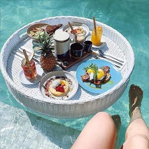 pallet， Drijvende dienblad van rotan, ontbijt, drijvende serveerschaal, luxe ontbijtvilla, zwembaddienblad for feestmaaltijden, catering, wit(White)