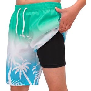 MEILONGER Zwembroek voor jongens, 2-in-1 zwemshorts voor kinderen, sneldrogend, boardshorts, badmode, zwembroek met compressie binnenbroek, verstelbaar trekkoord, 21001 + groen wit blauw, 164