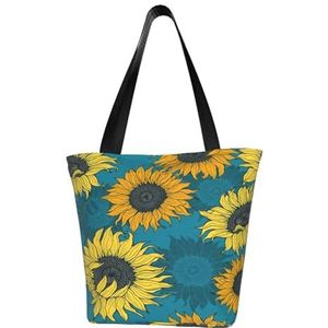BeNtli Schoudertas, canvas draagtas grote tas vrouwen casual handtas herbruikbare boodschappentassen, gele zonnebloemen op een blauwe achtergrond, zoals afgebeeld, Eén maat