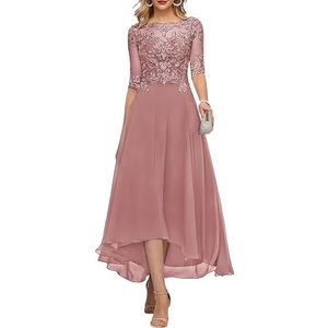 KURFACE Avondjurk, met kanten applicaties, thee lengte, met mouwen, moeder van de bruid jurk, lange, chiffon, formele avondjurk,voor bruiloften, Stoffige Roos, 50 grote maten