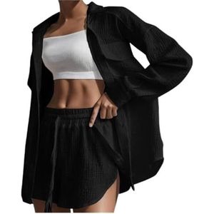 2024 Vrouwen Modieuze Casual 3 Delige Set Gerimpelde Stof Shorts Gaas Vest Vest Casual Set Vrouwelijke Street Wear (Color : Black, Size : XXL)