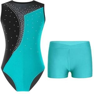 NUOYIXUAN Mouwloos turnpakje voor kinderen, ballettutu + short, yoga-dans-kledingsets voor meisjes, schaatspak, dansoutfits (blauwgroen, 14)