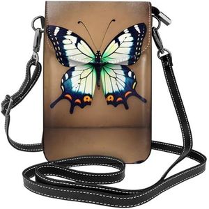 Leuke kleine vlinder lederen cross body flip telefoontas met afneembare schouderbanden, gebruikt voor reizen, dating, vakantiegeschenken, Zwart, Eén maat