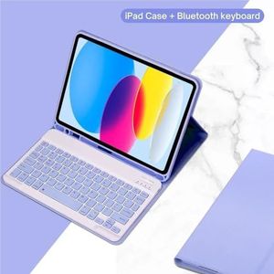 Geschikt for iPad 10e generatie 2022 10,9 inch hoes met toetsenbord, afneembaar draadloos Bluetooth-toetsenbord + tablethoes Geschikt for iPad 10e generatie(Purple,Hebrew keyboard)