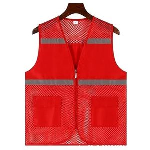 Fluorescerend Vest Reflecterende Mesh-beveiliging Hoge Zichtbaarheid Met Zakken Rits, Voor Vrijwilligers Veiligheidsvest Voor Bouwvakkers Reflecterend Harnas (Color : Rot, Size : Large)