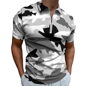 Grijs Zwart Camo van Zoetwatervissen Polo Shirt voor Mannen Casual Rits Kraag T-shirts Golf Tops Slim Fit