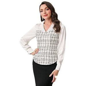 dames topjes Geruit patroon 2 in 1 blouse Dames elegante kraag, knop, lange mouwen, regular fit top (Color : Wei�, Size : Small)