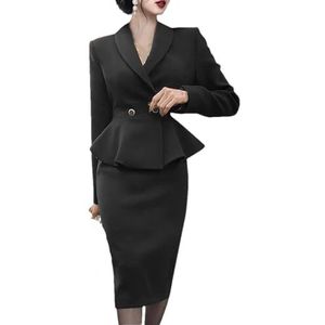 Vrouwen Lente Rok Suits Dames Kantoor Ruches Blazers+Potlood Mid Rok 2 Stuk Vrouwelijke Mode Business Sets, Zwart, S
