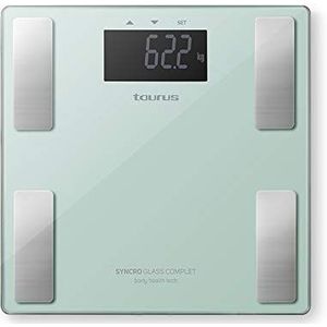 Taurus Syncro Glass Complet Intelligente digitale personenweegschaal, vet- en watergehalte, spier- en botmassa, 3-180 kg, kg/lb, 28 x 28 x 2 cm, groen
