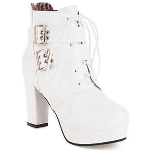 Vrouwen Veters Hoge Hak Laarsjes Mode Rits Terug en Gesp Ontwerp Laarzen met middenkuit,Wit,34 EU