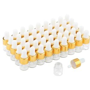 Parfumlism Mini-druppelflessen, 50 stuks, lege glazen flesjes met goudkleurige deksels, parfummonsters voor etherische oliën, lichaamsolie en vloeistoffen (1 ml)