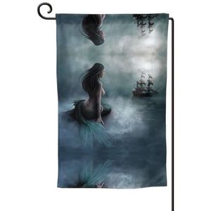Zeemeermin meisje en zeilen op zee piraat schip seizoensgebonden tuin vlaggen dubbelzijdig 30 x 45 cm tuin vlaggen, kleine tuin vlaggen voor buiten