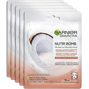Garnier Nutribomb Voedend, verhelderend stofmasker, geschikt voor droge en vale huid, verrijkt met kokosmelk en hyaluronzuur, 28 g, verpakking van 5 stuks