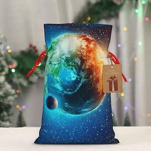 EVANEM Kerstcadeauzakjes met trekkoord 8,3 x 11,8 inch jute geschenkzakken blauwe aarde in de ruimte tas met trekkoord herbruikbare kerstverpakking tas voor feest jute zakken voor bruiloft opslag