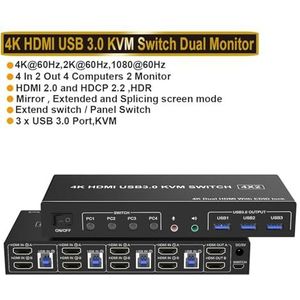 4-poorts USB 3.0 KVM-schakelaar 4X2 dubbele monitor 4K @ 60Hz Uitgebreide weergave DP KVM-schakelaar 4 in 2 uit for 4 PC-toetsenbordmuis,Schakelde soepel(ZY-AH42U)