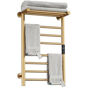 Elektrische Handdoekradiator, Goud 7-Bar Elektrisch Handdoekverwarmer Met Bovenste Plank, Wandgemonteerd Roestvrij staal Koolstofvezel Verwarmd Handdoekenrek, 72 * 45 * 25cm (Plug-in)