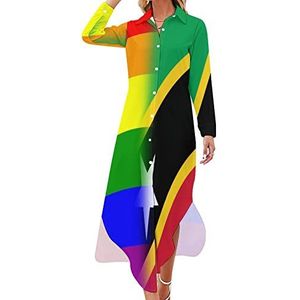 LGBT Pride And Saint Kitts en Nevis vlag dames maxi-jurk lange mouwen knopen overhemd jurk casual feest lange jurken M