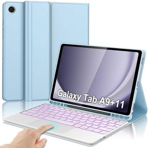 Toetsenbordhoes voor Samsung Galaxy Tab A9+/A9 Plus 11'' 2023, 7-Kleuren Achtergrondverlichting, Smart Trackpad, Magnetisch Afneembaar Draadloos Toetsenbord met S-Penhouder,Blauw