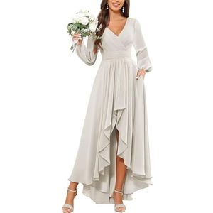 KURFACE Bruidsmeisjesjurken met lange mouwen voor vrouwen met zakken geplooide chiffon formele avondjurk feestjurk, Ivoor, 32