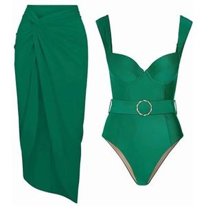 Dames Sexy Rugloos Badpak Uit Één Stuk, Groene Eenvoudige Badmode Cover-up Bikini Zomer Boho Strandkleding Rokset(Color:Two Shoulder Strap,Size:L)