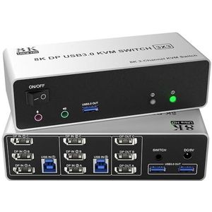 8K @60Hz DisplayPort KVM Switch 3 Monitoren 2 Computertjes, DP 1.4 KVM Switch Triple Monitor met Audio-Microfoonuitgang en 3 USB 3.0 Poorten