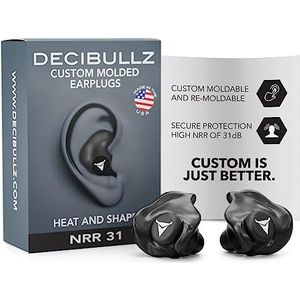 Decibullz | Custom Molded Earplugs Zwart, Comfortabele Gehoorbescherming, 31dB Demping | Slaap, Concert, Werk, Sport | 3 maten van oordopjes, opbergetui | made in USA