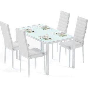 Bealife Keuken eettafel set voor 6, gehard glas 7-delige tafel en stoelen set modern voor thuis, keuken, woonkamer, eetkamer, zwart (Wit, 4 stoelen)
