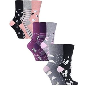 Gentle Grip 9 paar multipack dames katoenen crew niet elastische sokken Womens zachte top gestreepte patroon niet-bindende sokken, Katten & Honden, 37-42 EU