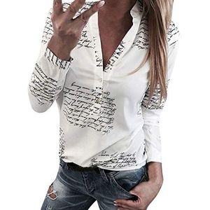 WOZOW T-shirt met lange mouwen voor vrouwen, V-hals, letters, knoopdruk, blouse, dames, grote maat, chic, bedrukt, vintage overhemd, Wit., L