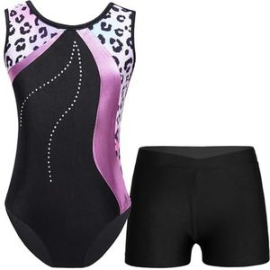 Gymnastiekpak met patchwork-print, mouwloos, voor jongens en meisjes, met shorts, skatepak, danskleding, ballet-trainingspak, Roze luipaard, 10