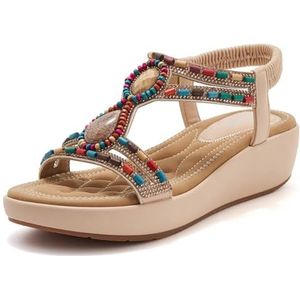 EFLALYHG Dames dikke zool sleehak sandalen Bohemian kralen platte schoenen wandelen strandschoen enkel elastische zomerpantoffels,Apricot,36 EU
