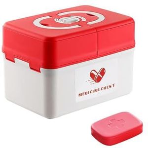 KIUGOP Medicijnkoffer Draagbaar Met Compartiment, Medicatieopslag, Medicijndoos, Apotheekdoos, Medicijndoos 3 Niveau Medicijnkoffer EHBO-Koffer Met Handvat, Knutseldoos,Rood