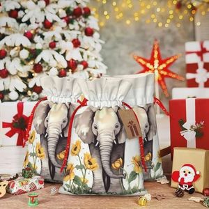 RLDOBOFE Kerstcadeauzakje met olifant en zonnebloemprint, herbruikbare geschenkverpakking, goody geschenkzakjes met cadeaulabel, cadeautas, opbergtas voor Kerstmis, Thanksgiving, bruiloft, feest