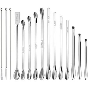 Laboratoriumspatel, roestvrij staal, laboratoriumlepels, micro-lepelspatel, monsterset, dubbele kop, laboratoriumspatel voor poeder, geldoppen, vulpen, 15 stuks, zilver