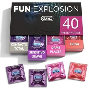 Durex Gemengde condooms Fun Explosion Aardbei Smaak, Geef me plezier, zacht en totaal contact, 40 condooms, 52 en 56 mm