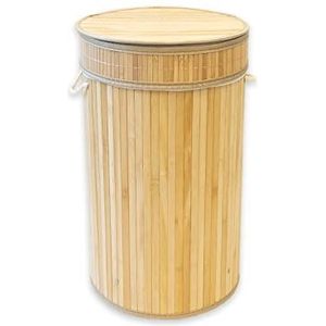 KARAT Wasmand van bamboehout met deksel, 63 l, opbergdoos, opvouwbare wasmand met afneembare waszak en handgrepen, wasverzamelaar, decoratieve kist voor de badkamer (rond, 35 x 60 cm)
