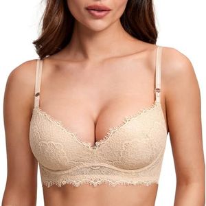 DOBREVA Vrouwen Push Up BH Zachte Kant Strapless BH Sexy Comfortabele Gewatteerde Beige 95B