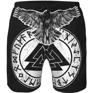 Noorse Mythologie Odin Raven Shorts - Viking Classic 3D Digital Print Odin Triangle Rune Tattoo Drawstring Shorts Voor Heren - Zomer Sneldrogende Surfshorts (Color : Black, Size : S)