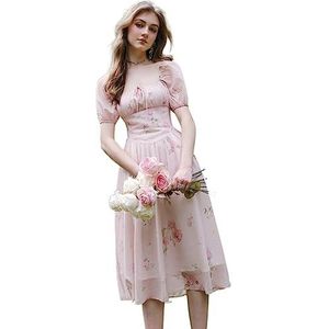 jurken voor dames Jurk met vierkante hals en pofmouwen met bloemenprint (Color : Baby Pink, Size : Small)