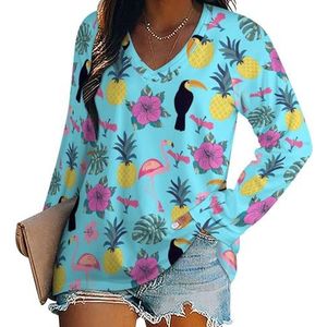 Toekan en flamingo ananas casual T-shirts met lange mouwen voor dames, V-hals, bedrukte grafische blouses, T-tops, L