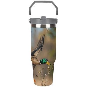 30 oz roestvrij staal geïsoleerde beker met klapdeksel en rietje, lekvrije reismok voor auto, wilde eenden en boom, dubbelwandige vacuüm thermische koffiekop met handvat, morsbestendig ontwerp voor