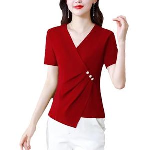 Dvbfufv Dames zomer Koreaanse slim fit V-hals blouses tops dames all-match knop korte mouwen T-shirt, Rood, XS