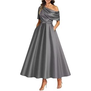 KIYNE Satijnen damesjurken voor moeder van de bruid, theelengte voor bruiloft, korset, A-lijn, formele avondjurk, feestjurk, Grijs, 34