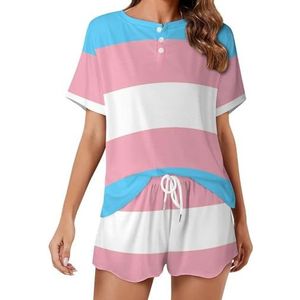 Transgender Pride vlag zachte damespyjama met korte mouwen loungewear met zakken cadeau voor thuis strand 4XL