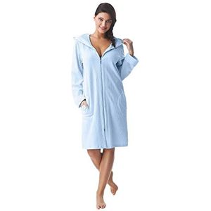 DOROTA Knuffelige en moderne katoenen damesbadjas met zakken, ritssluiting en capuchon, made in EU, lichtblauw, L
