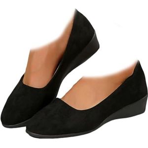 Whimsyard Elegante, lichtgewicht, antislip suède sleehak schoenen met lage hak, lage wiggen, gesloten ronde teen, orthopedische voetboogondersteuning, wandelinstappers voor plantaire fasciitis (zwart,