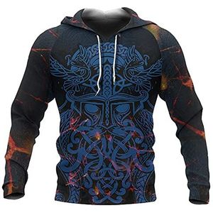 Mannen Viking Odin Crow Totem Pullover Hoodie, Noorse Mythologie Valknut Symbool Tattoos Print Trekkoord Sweatshirts, Middeleeuwse vintage Plus Size Tops Met Lange Mouwen