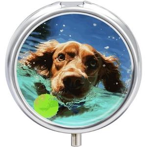 Grappige Zwemmen Hond Ronde Pillendoos Reizen Draagbare Pil Case 23 Compartiment Geneeskunde Metalen Tablet Vitamine Houder Organizer voor Portemonnee Pocket